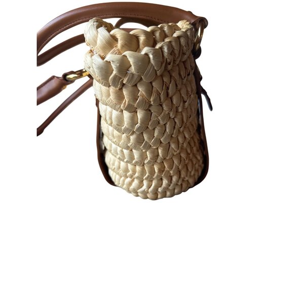 Etienne Aigner Corn Husk Woven Tote Bag Brown Leather Trim Retro Summer Chic - Picture 8 of 13